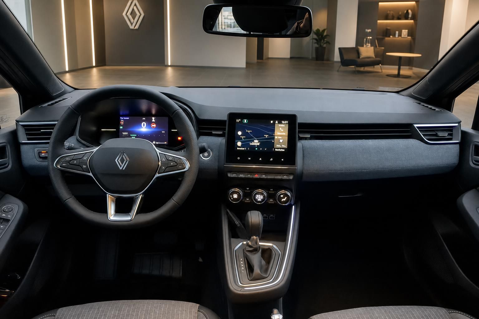 Renault Clio Cockpit Armaturenbrett mit Touchscreen Navigation und Automatikgetriebe