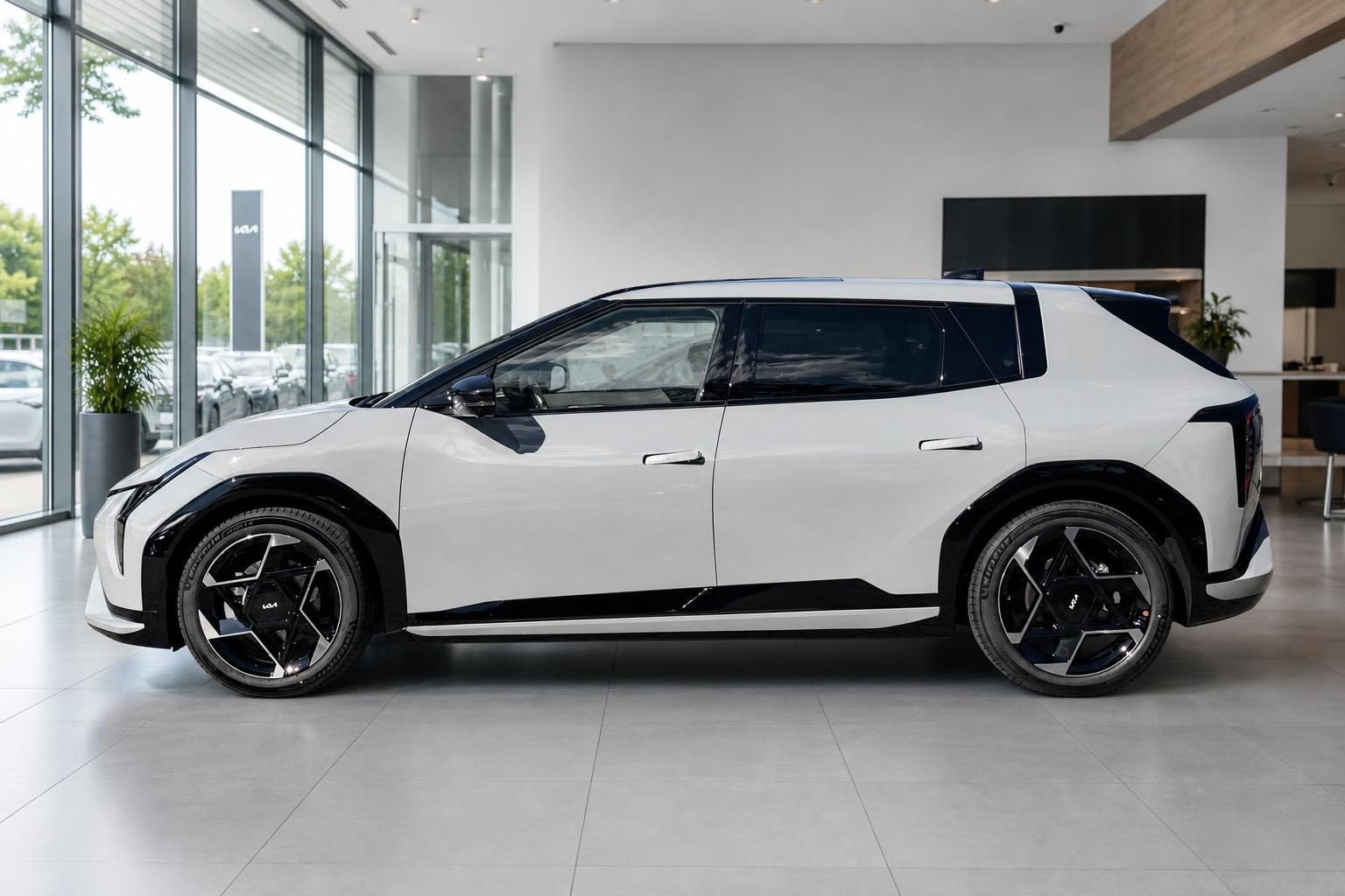 Kia EV4 in Weiß, Seitenansicht im Showroom