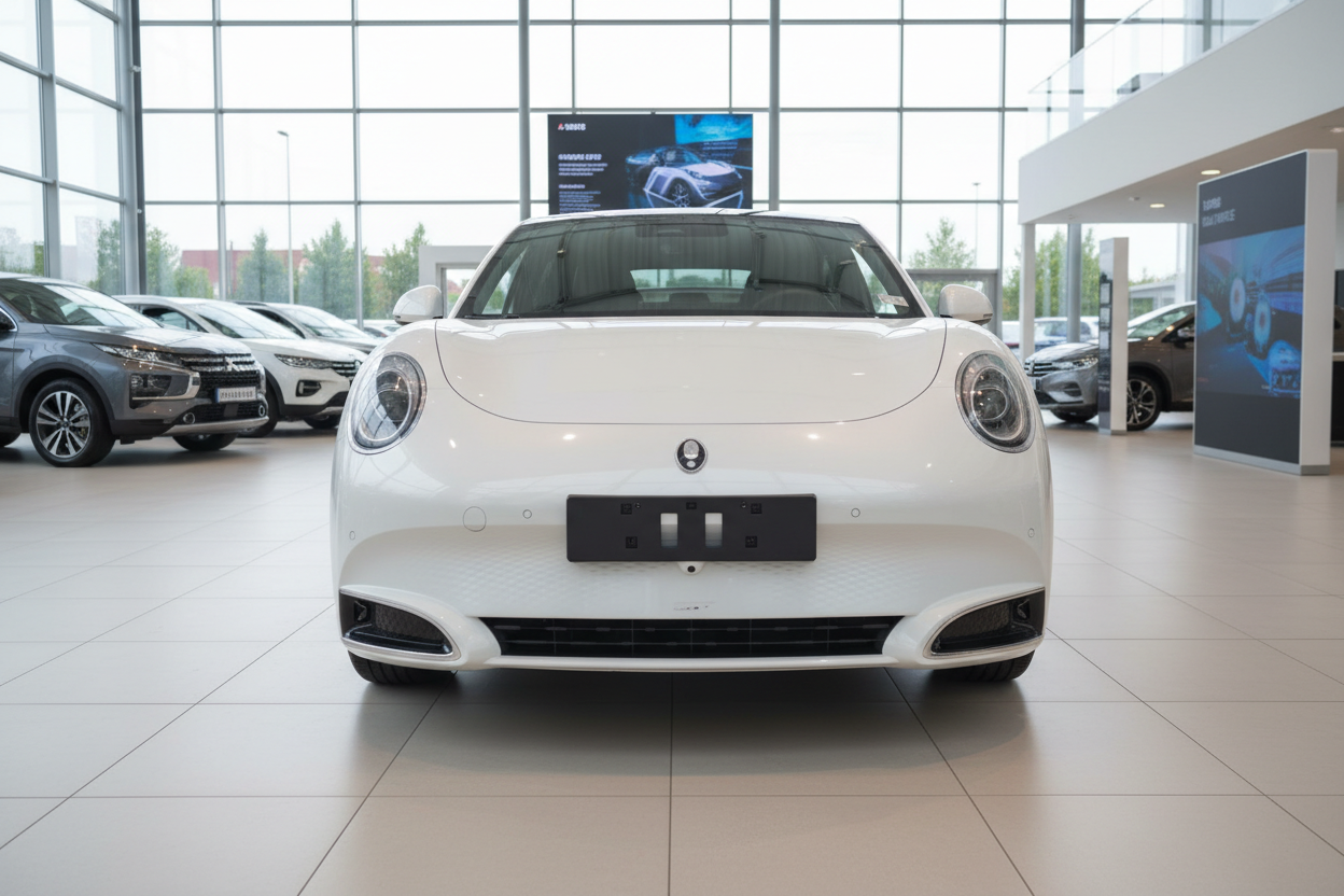 Weißer Ora Funky Cat Elektroauto Frontansicht im Autohaus Showroom