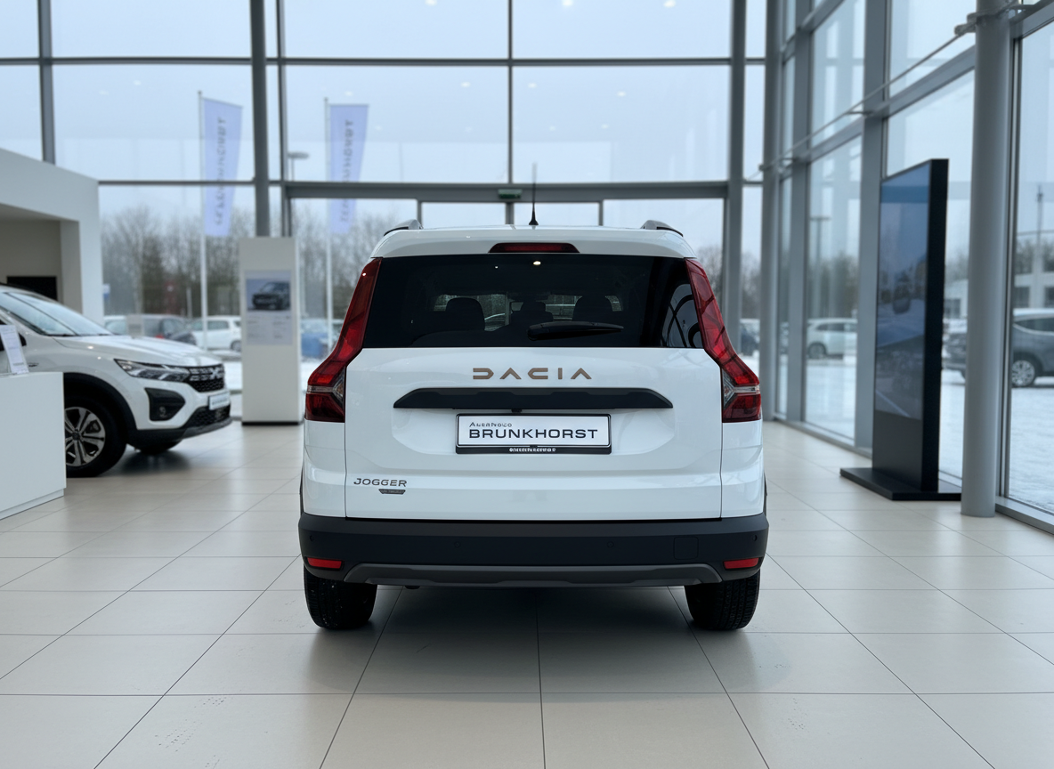 Weißer Dacia Jogger Heckansicht im Autohaus Brunkhorst Showroom