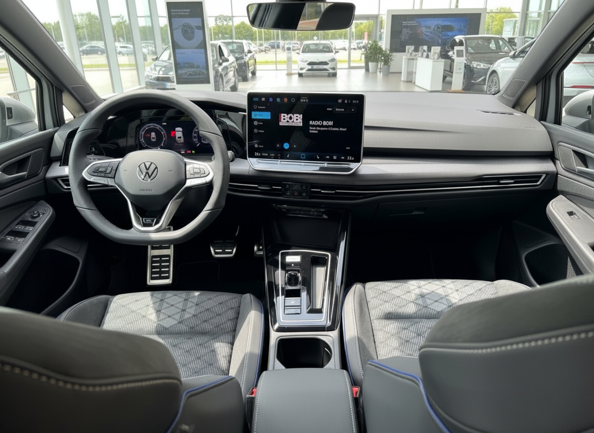 Volkswagen Golf Innenraum mit Ledersitzen, digitalem Cockpit und Infotainment-Touchscreen