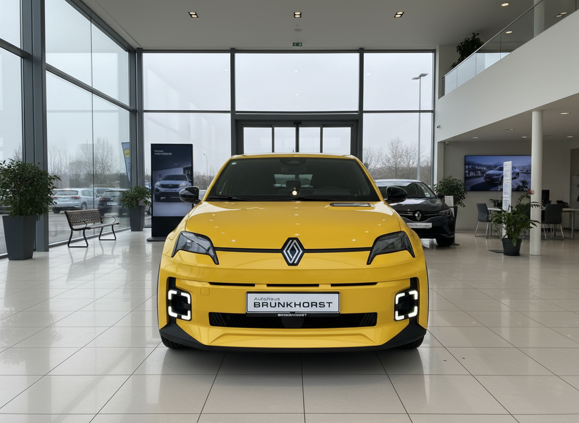 Renault 5 E-Tech Electric in Gelb, Frontansicht im Autohaus Brunkhorst Showroom