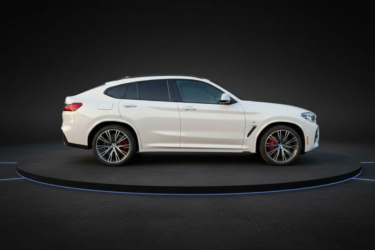 Weißer BMW X4 M Competition SUV-Coupé seitliche Ansicht auf Drehteller