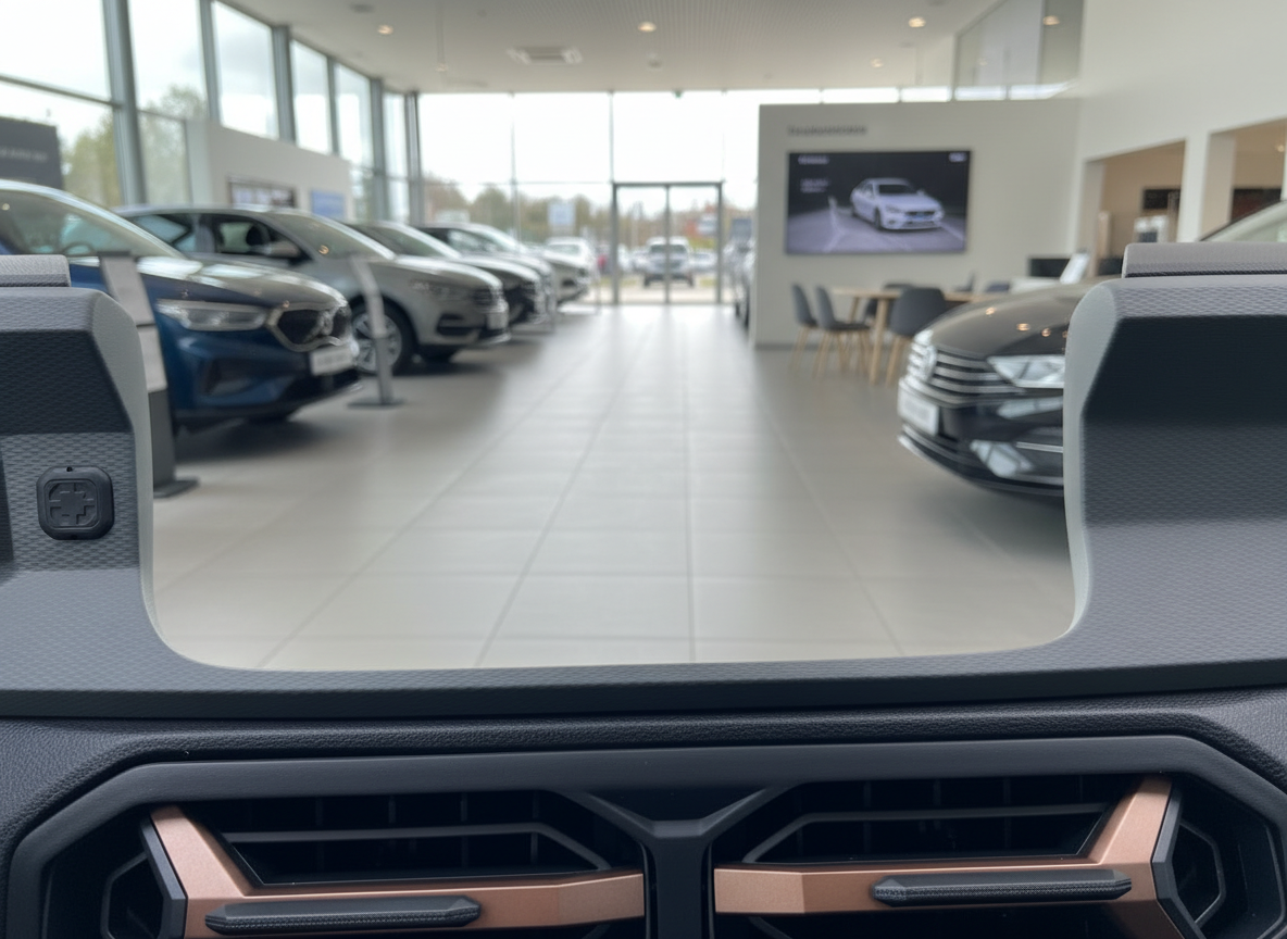 Fahrzeuginnenraum mit Blick auf Armaturenbrett und Autohaus-Showroom im Hintergrund
