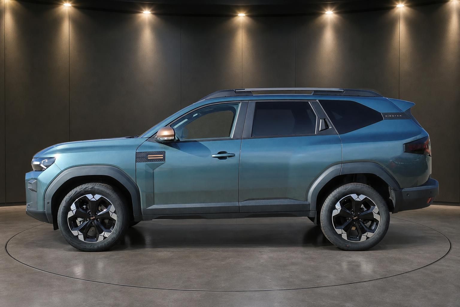 Dacia Bigster SUV Seitenansicht in Blaugruen metallic, Studioaufnahme