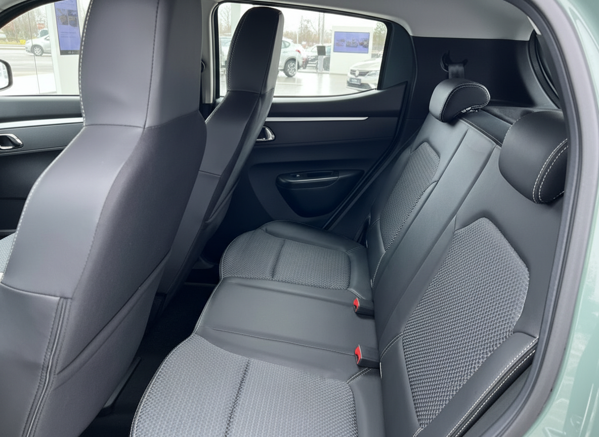 Rücksitzbank mit Stoff-Leder-Polsterung in Schwarz-Grau im Fahrzeuginnenraum