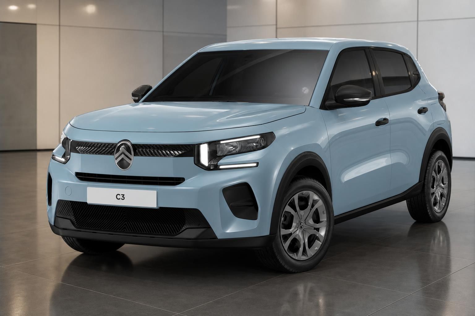 Citroën C3 in Hellblau, Frontansicht mit LED-Scheinwerfern im Showroom