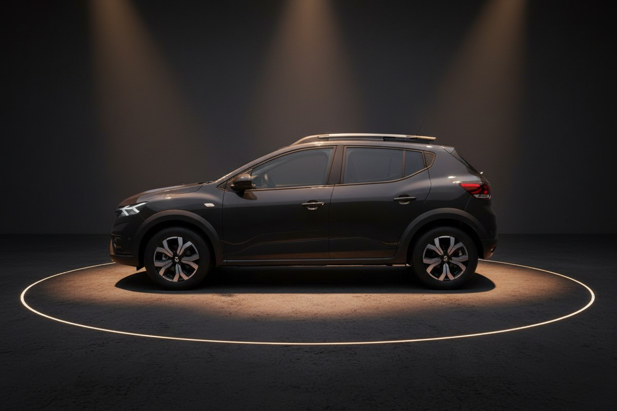 Dacia Sandero Stepway in Dunkelgrau – Seitenansicht im Studio mit Scheinwerferlicht