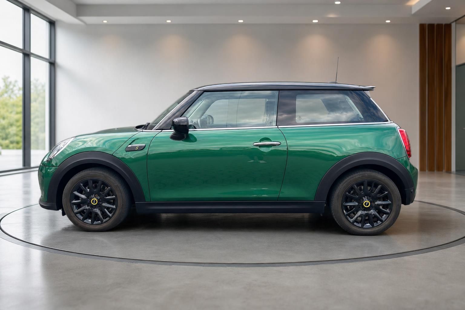 MINI Cooper SE Electric grün Seitenansicht mit schwarzen Felgen und Panoramadach