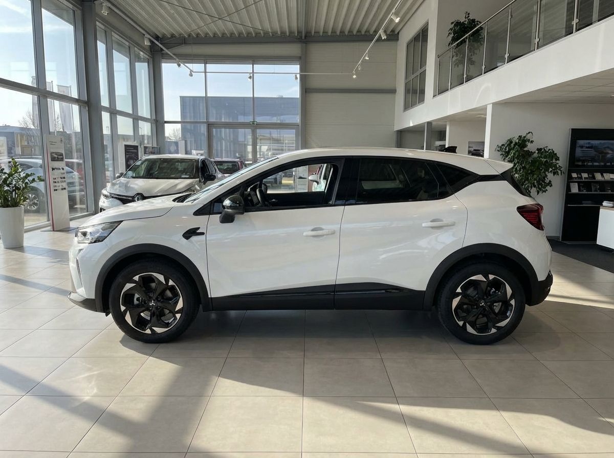 Weißer Renault Captur SUV in Autohaus-Showroom, Seitenansicht