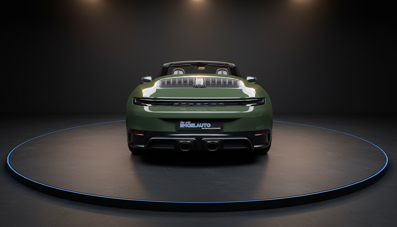 Porsche 911 Carrera S Cabriolet in Olivgrün Metallic Heckansicht auf Drehbühne im Showroom bei Engelauto - Luxus Sportwagen mit ausgefahrenem Heckspoiler und dualem Auspuff