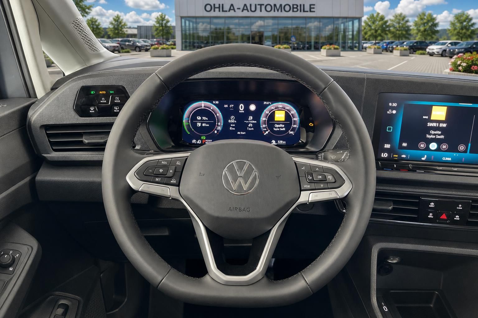 VW Lenkrad mit Multifunktionstasten und digitalem Tacho im Detail