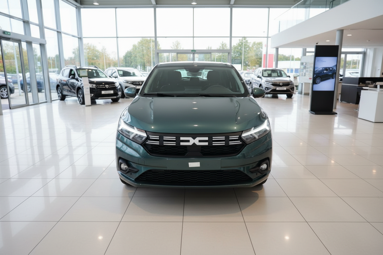 Dacia Sandero in Dunkelgrün Frontansicht im Autohaus Showroom