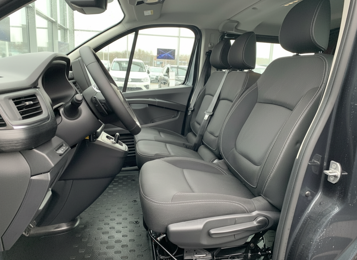 Fahrzeuginnenraum mit schwarzen Stoffsitzen und Lenkrad – Vordersitzbereich eines Vans