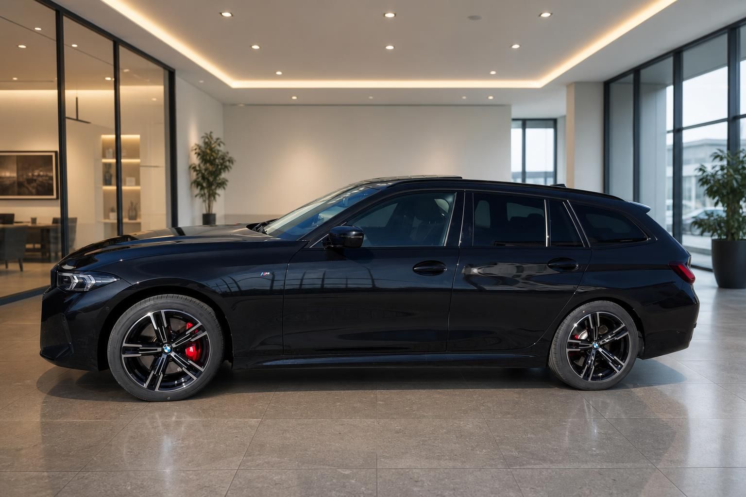 BMW 3er Touring schwarz, Seitenansicht mit Panoramadach im Autohaus