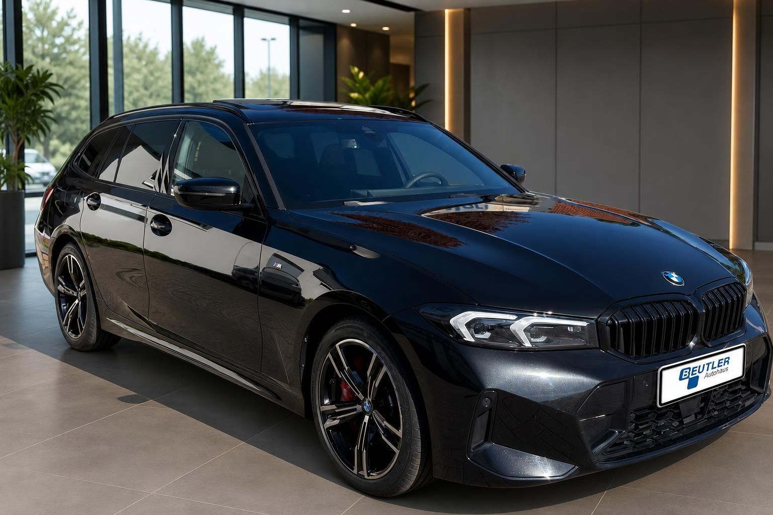 BMW 3er Touring schwarz Frontansicht schraeg im Autohaus Showroom