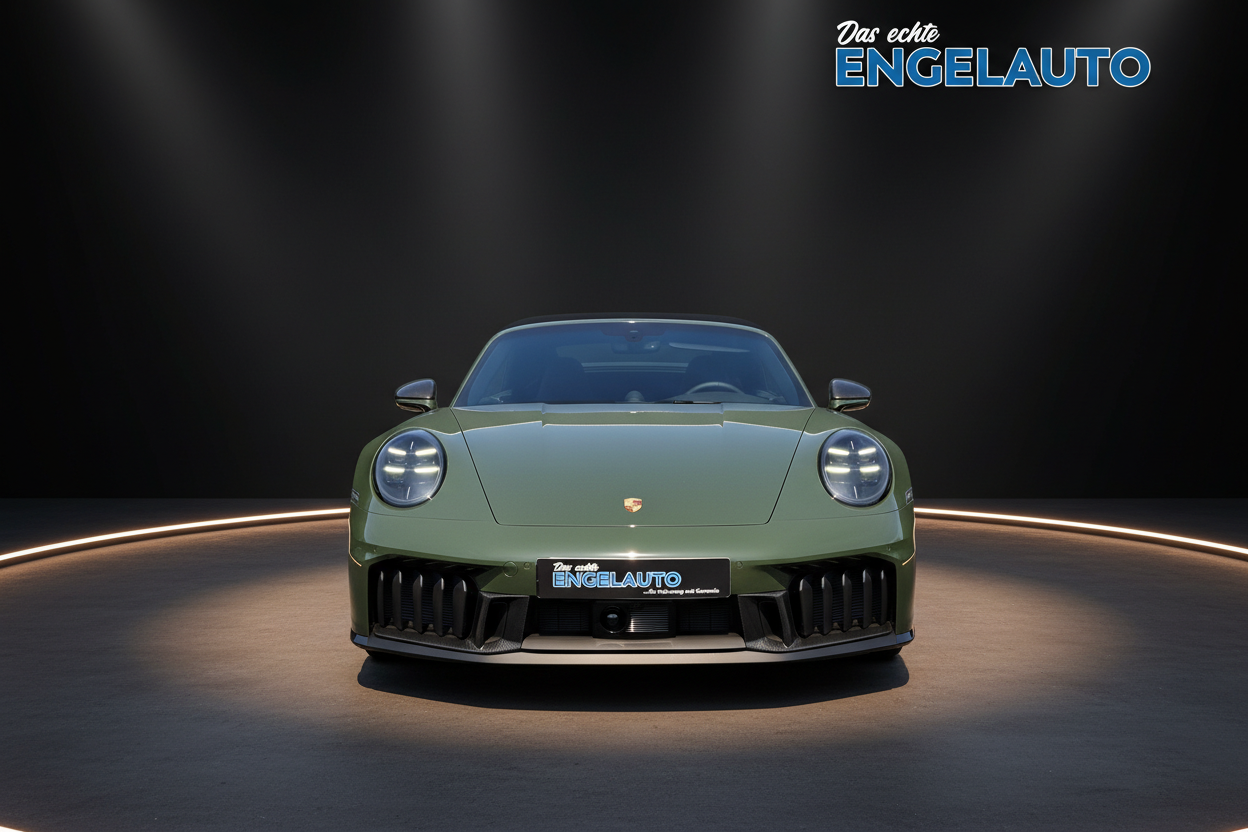 Porsche 911 Frontansicht in olivgrün mit LED-Scheinwerfern und sportlichem Aerokit bei Engelauto Händler im Showroom mit dramatischer Beleuchtung