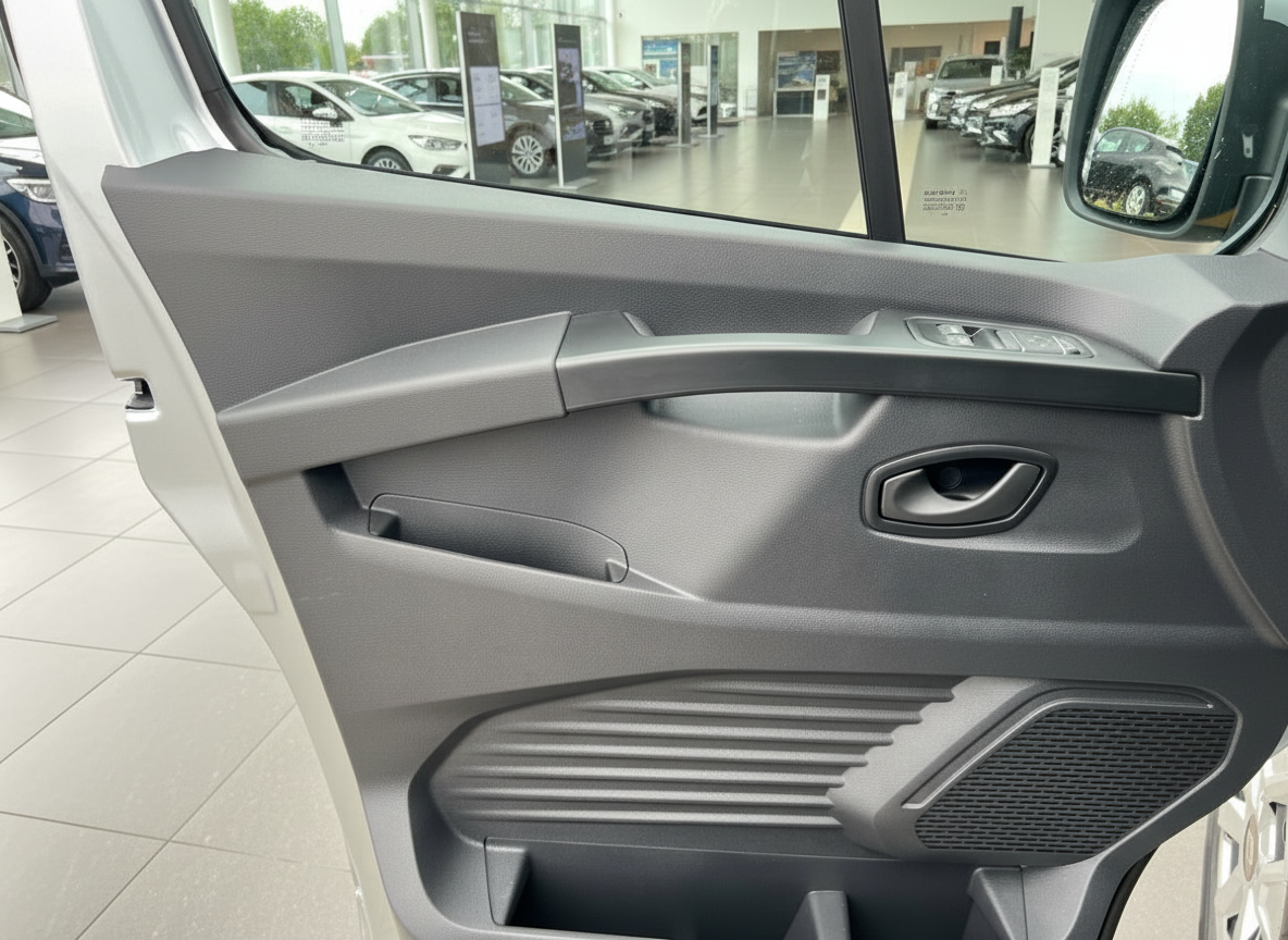 Fahrzeugtür Innenverkleidung grau mit Türgriff, Fensterheber und Lautsprecher im Autohaus