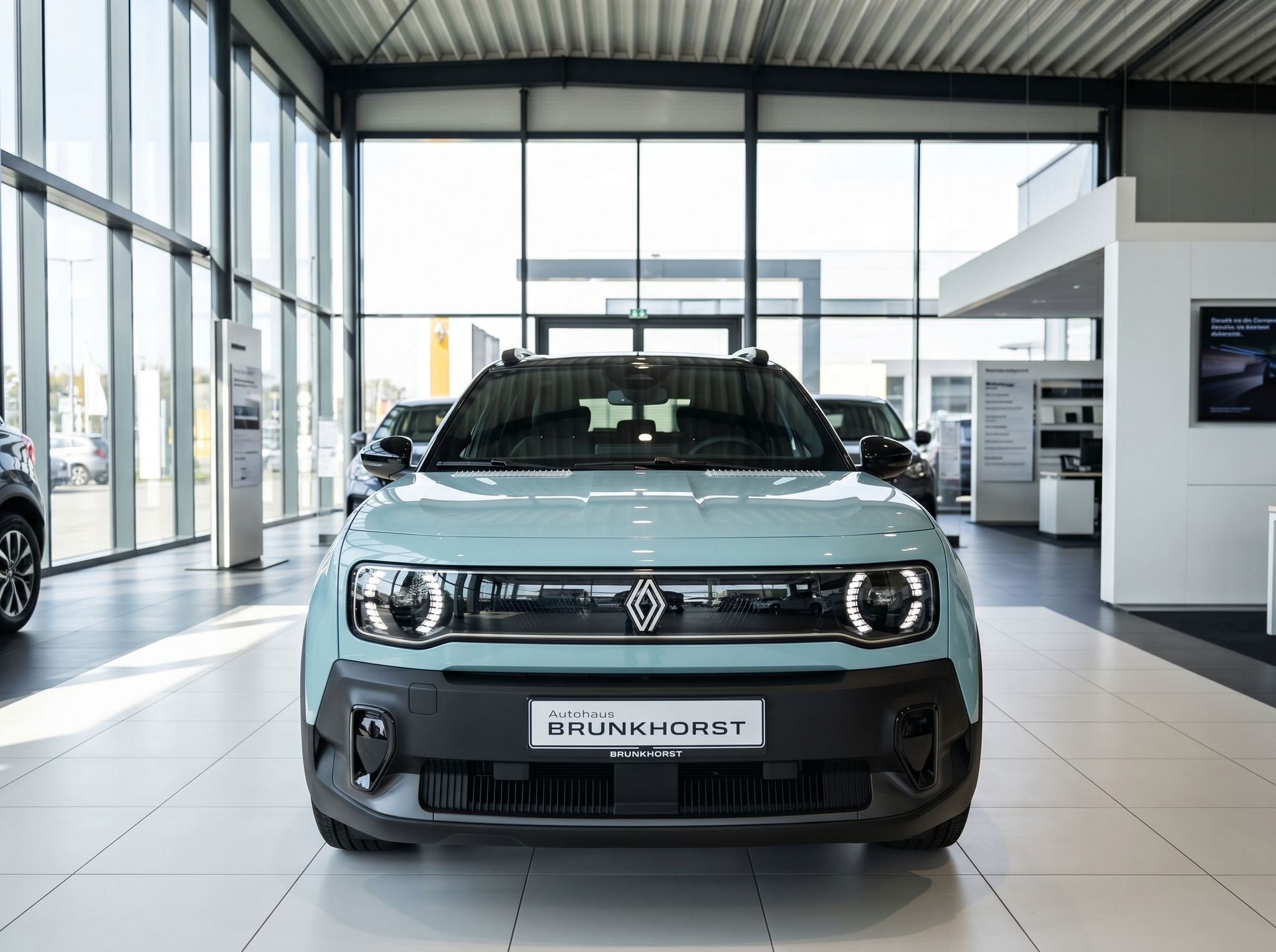 Renault 4 E-Tech Electric in hellblau - Frontansicht im Autohaus Showroom