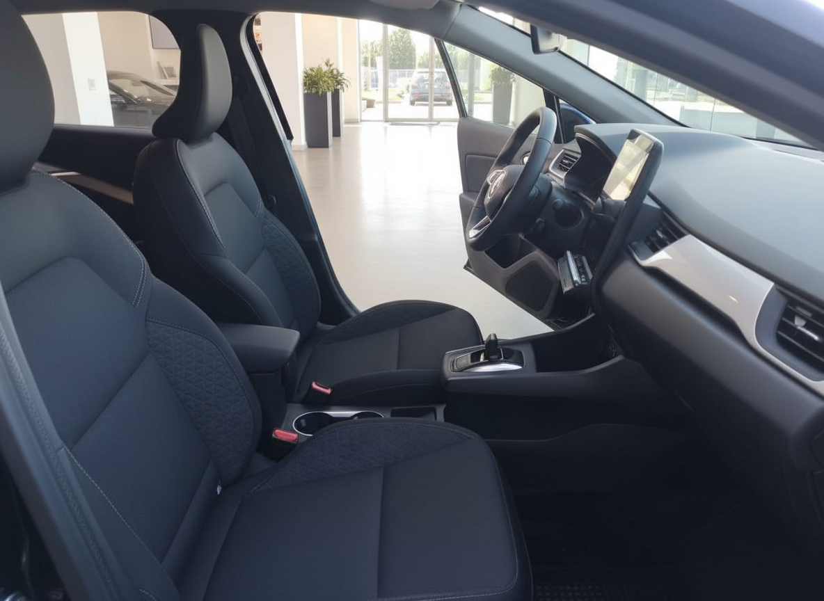 Fahrzeuginnenraum mit schwarzen Stoffsitzen, Mittelkonsole und Touchscreen-Infotainment im Autohaus