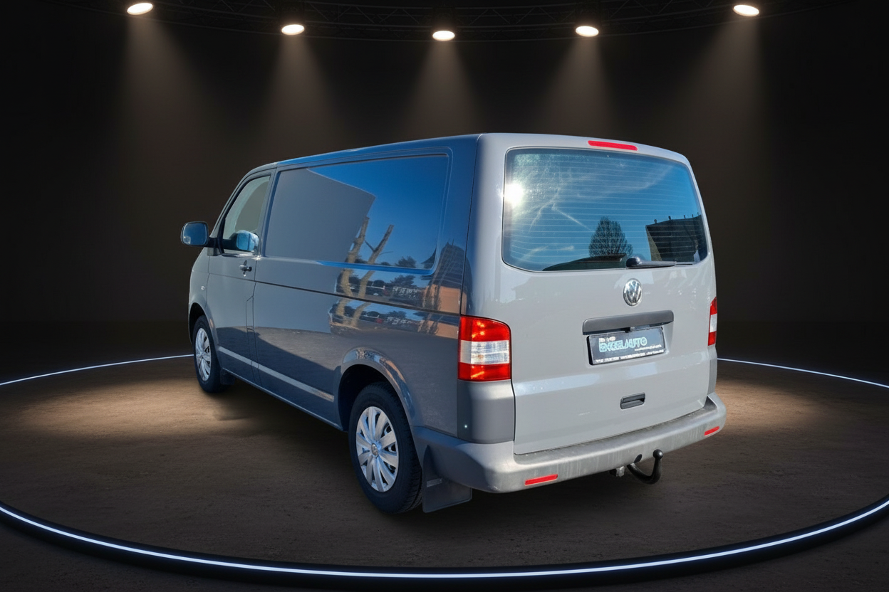 Volkswagen Transporter T5 Kastenwagen silber Heckansicht im Fotostudio mit Anhängerkupplung