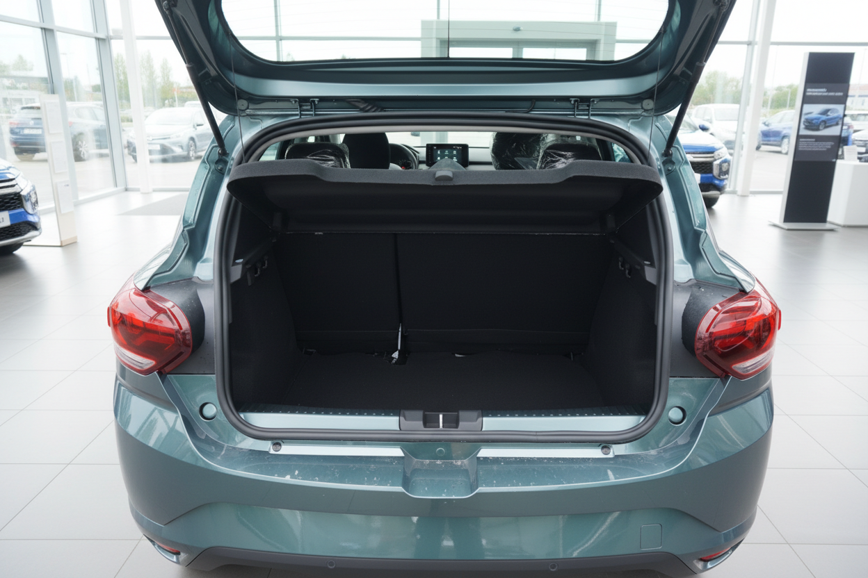 Grüner Kompaktwagen mit geöffnetem Kofferraum in Autohaus – leerer Laderaum