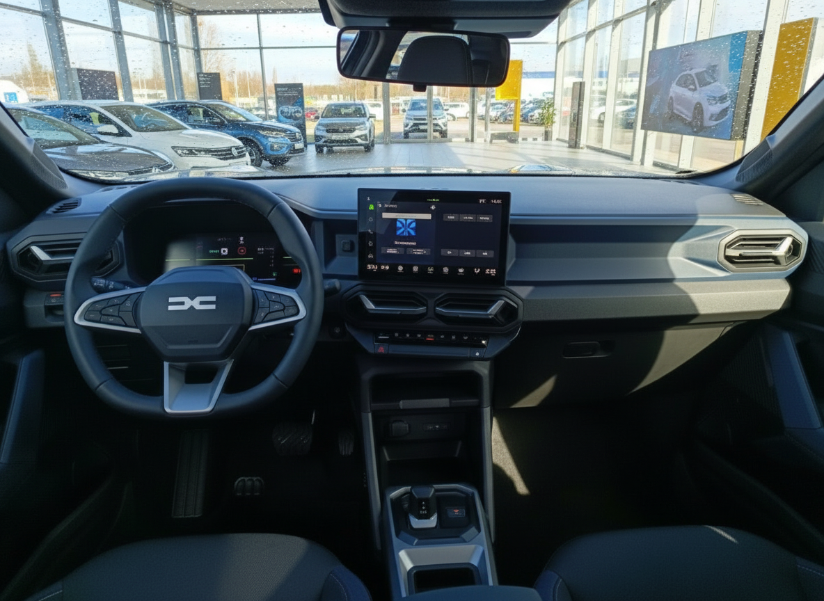 Dacia Innenraum mit Multimediascreen, Lenkrad und moderner Cockpit-Ausstattung im Autohaus