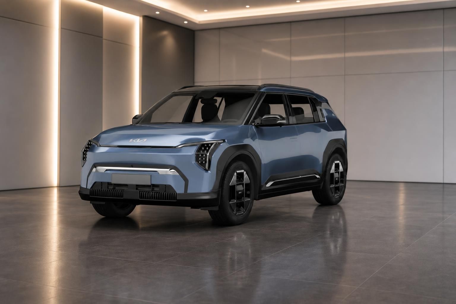 Kia EV3 in Blau, Frontansicht schräg im Showroom