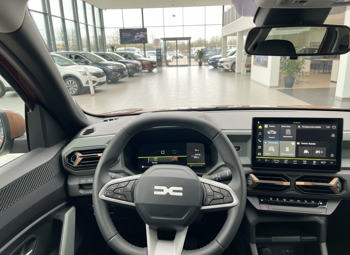 Dacia Innenraum mit digitalem Cockpit und Infotainment-Touchscreen im Autohaus