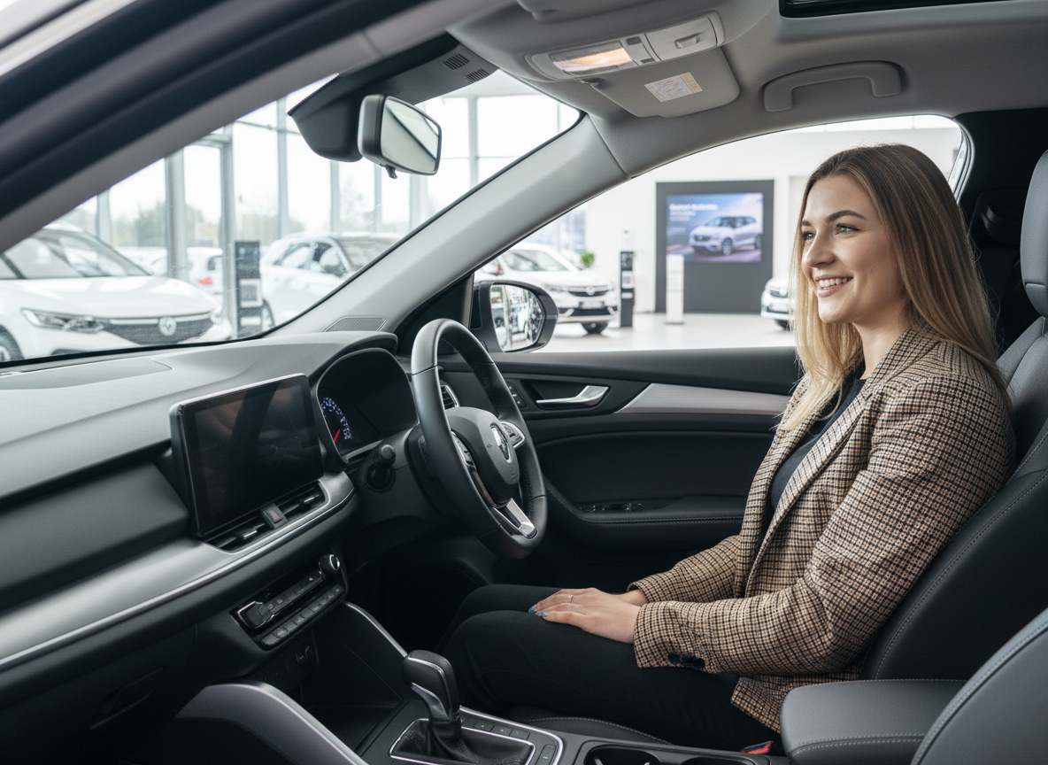 Frau sitzt im Innenraum eines Renault im Autohaus und lächelt