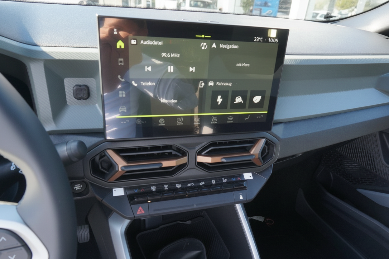 Fahrzeug-Innenraum mit Infotainment-Touchscreen, Klimabedienfeld und Mittelkonsole