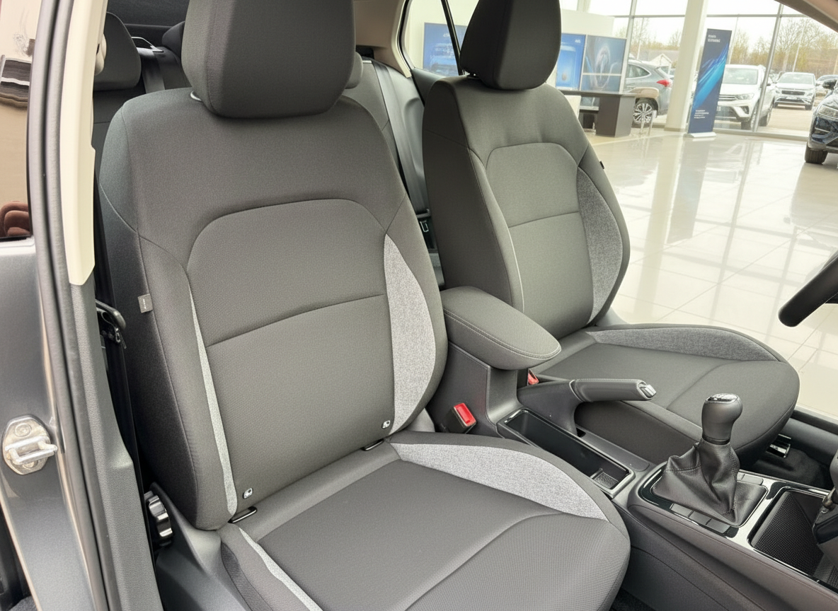 Fahrzeuginnenraum mit grauen Stoffsitzen und Schaltgetriebe im Autohaus