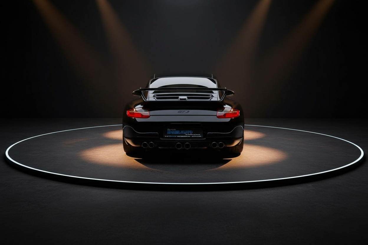 Schwarzer Porsche 911 GT3 Heckansicht im Fotostudio mit Spoiler und Quad-Auspuff