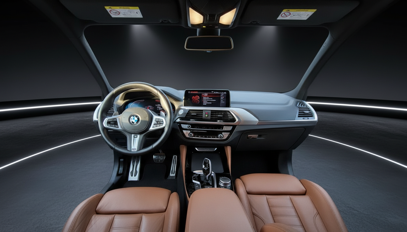 BMW X3 Innenraum mit Ledersitzen in Cognac, M-Sportlenkrad und iDrive-Touchscreen