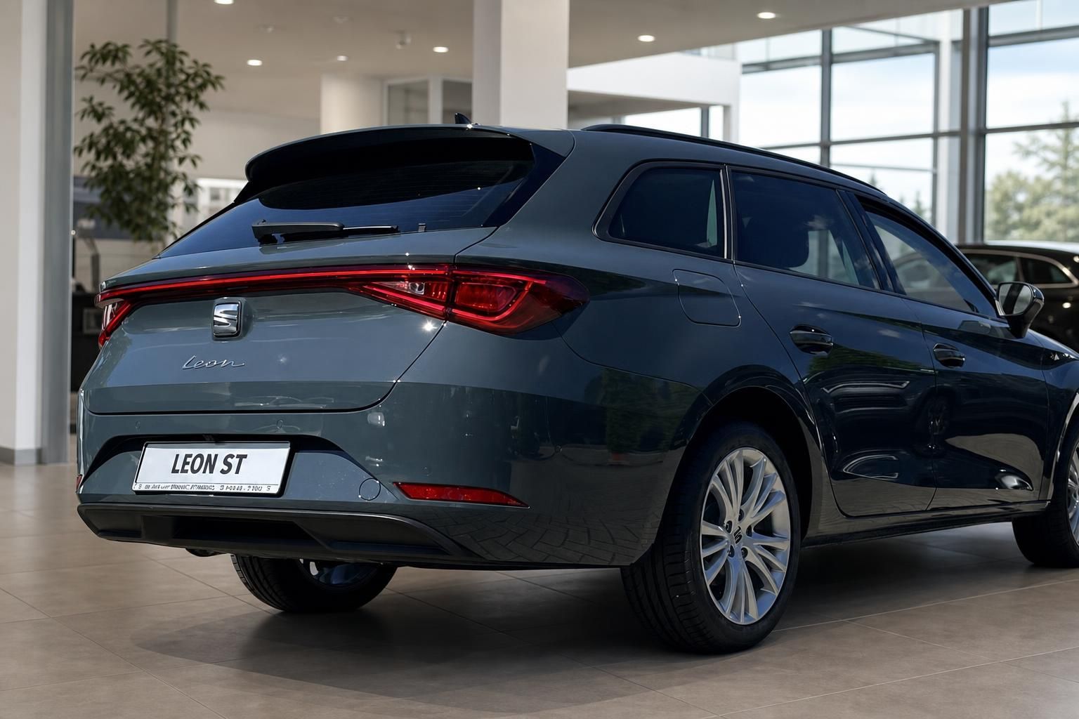SEAT Leon ST Heckansicht schräg, Kombi in Grau