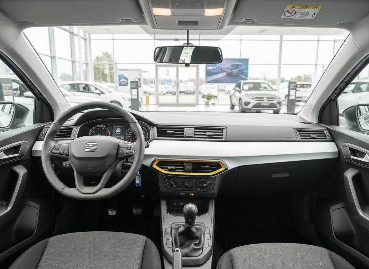 SEAT Ibiza Innenraum mit Lenkrad, Schalthebel und Armaturenbrett in grau-gelb im Autohaus