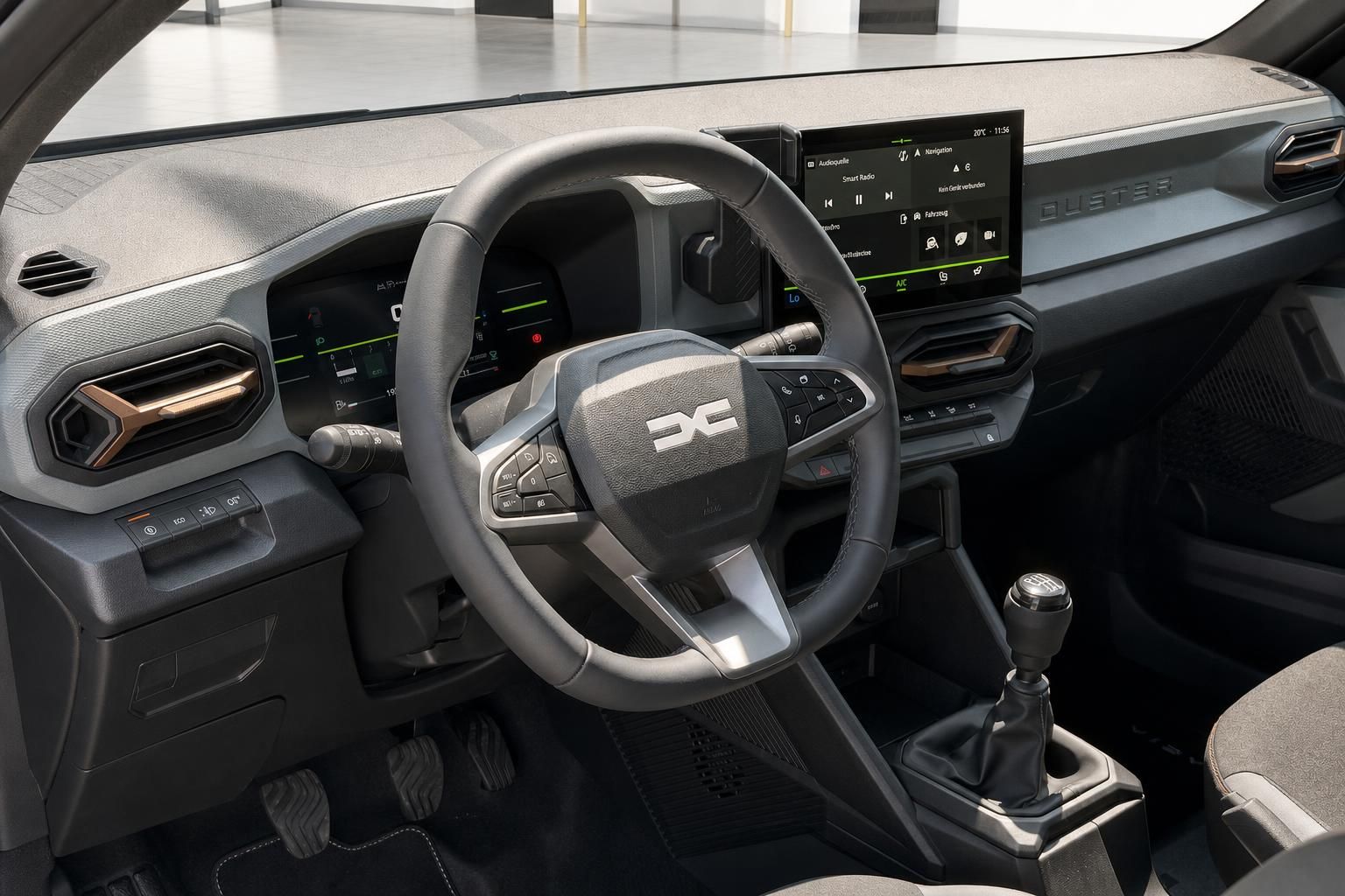 Dacia Duster Cockpit mit Lenkrad, Schaltknauf und Infotainment-System