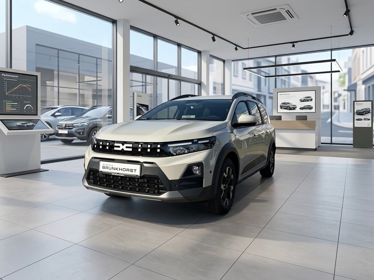 Dacia Jogger in Sandfarbe im Autohaus Brunkhorst Showroom – Frontansicht