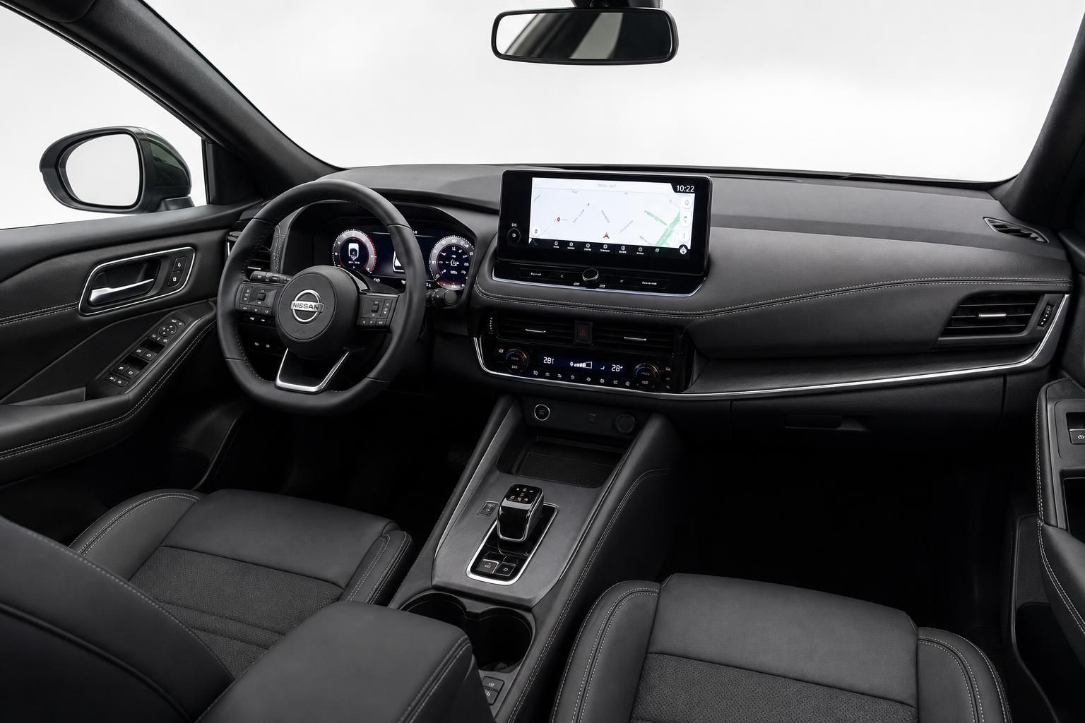Nissan Innenraum mit Cockpit, Lenkrad und Touchscreen-Navigation