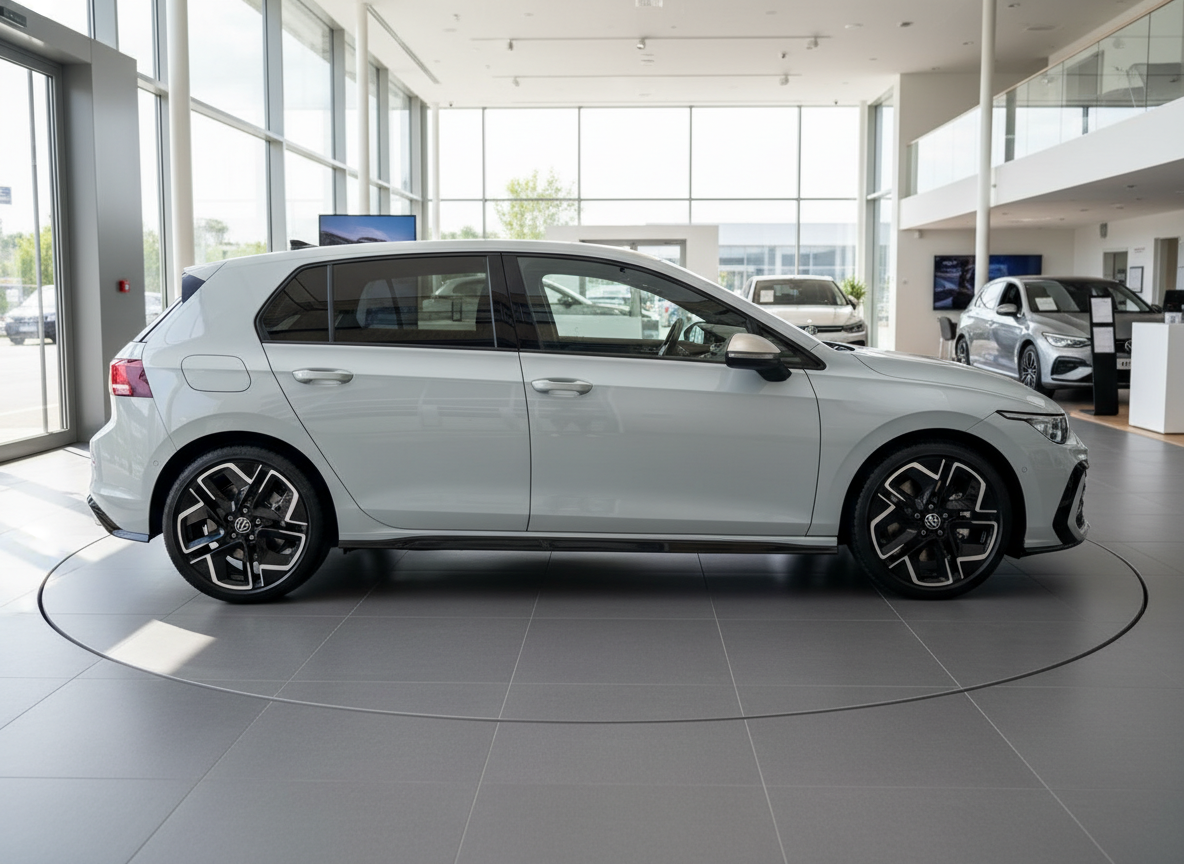 VW Golf R Mk8 in Weiß Seitenansicht im Autohaus Showroom