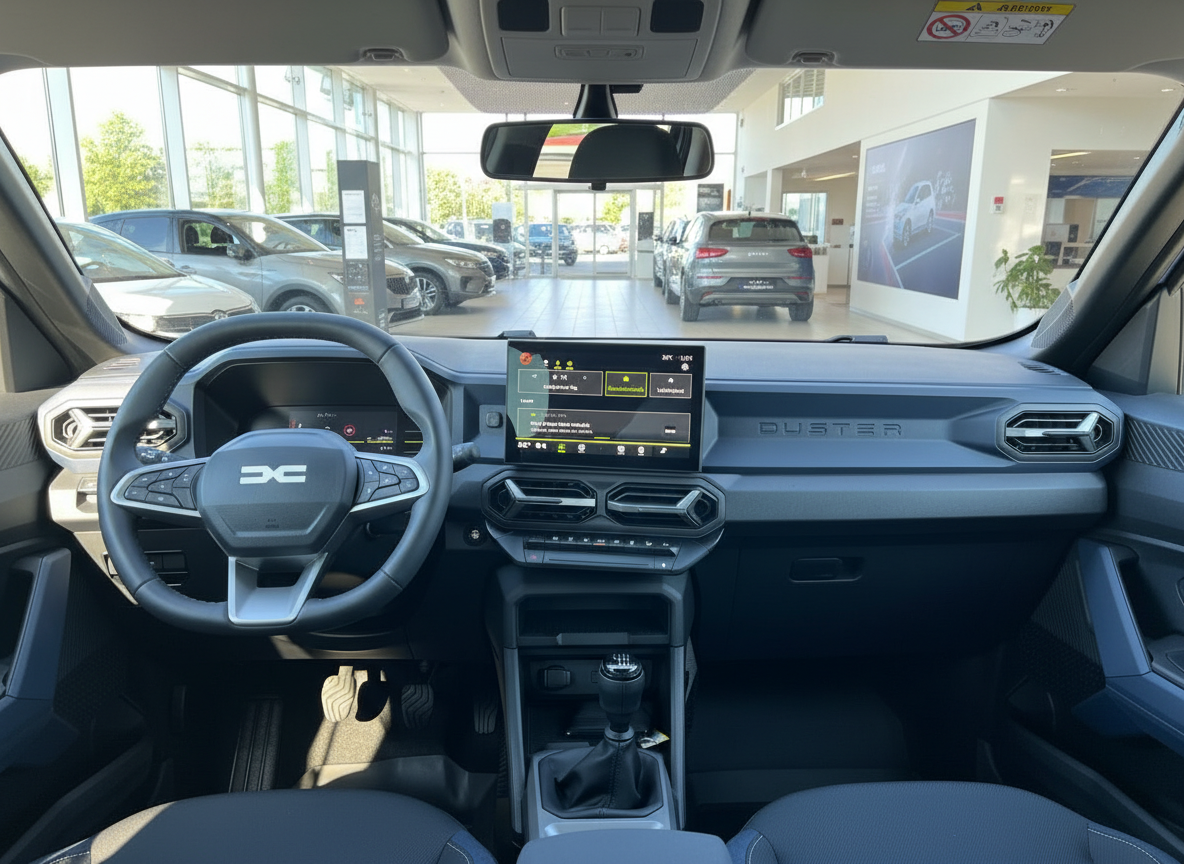 Dacia Duster Innenraum mit Touchscreen, Lenkrad und Schaltgetriebe im Autohaus