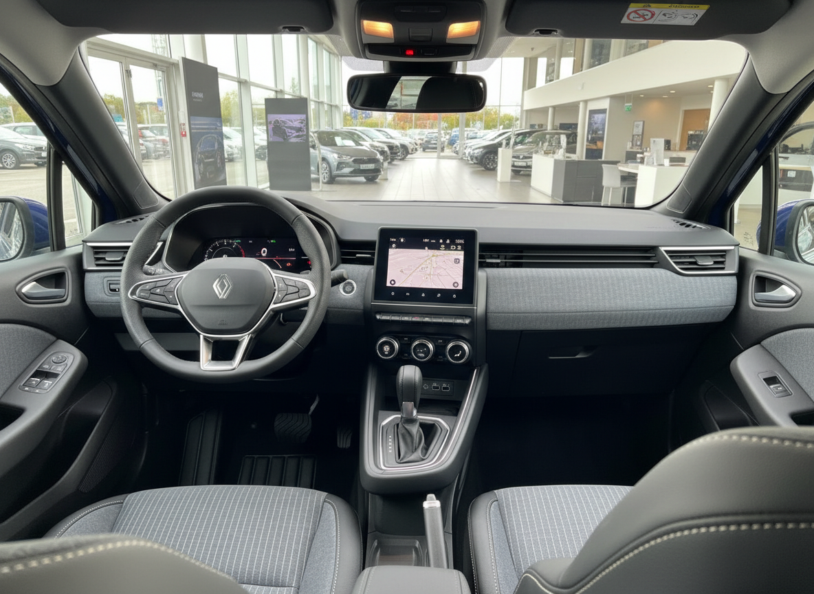 Renault Innenraum mit Multimediasystem, Lederlenkrad und modernem Cockpit im Autohaus