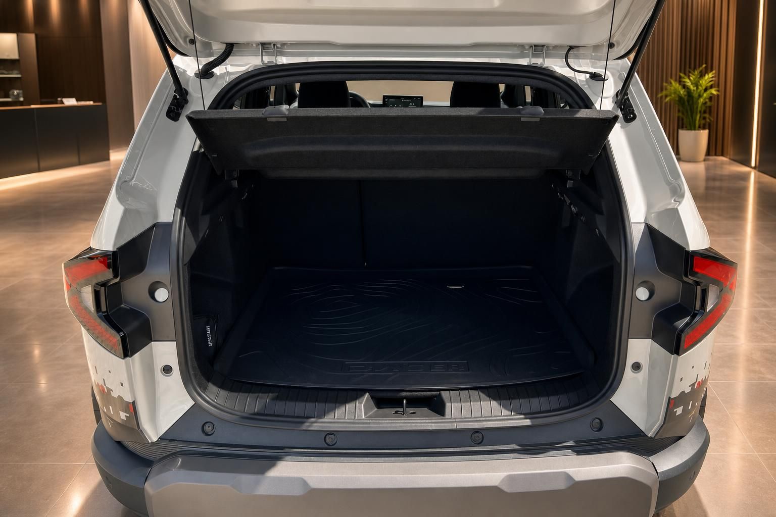 Geöffneter Kofferraum eines weißen SUV mit schwarzer Kofferraummatte im Autohaus-Showroom