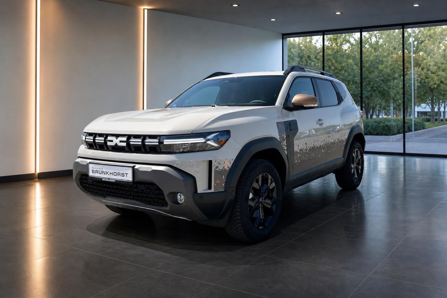 Dacia Duster SUV Frontansicht in weiss mit schwarzem Dach im modernen Autohaus Showroom
