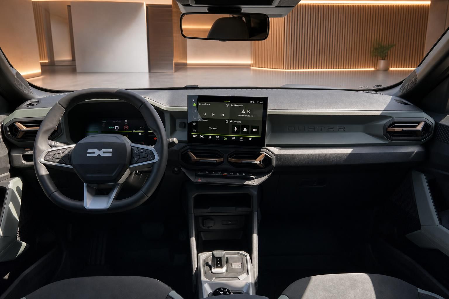 Dacia Duster Innenraum mit modernem Cockpit, Touchscreen und schwarzer Ausstattung