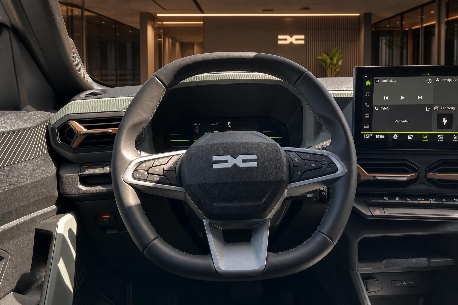 Fahrzeug Cockpit mit Lenkrad und digitalem Armaturenbrett Display