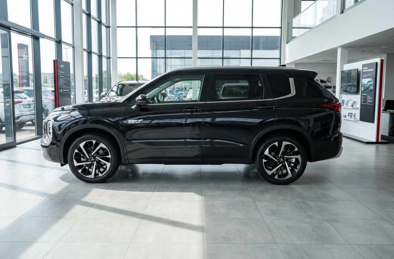 Schwarzer Mitsubishi Outlander PHEV SUV in der Seitenansicht im Autohaus-Showroom