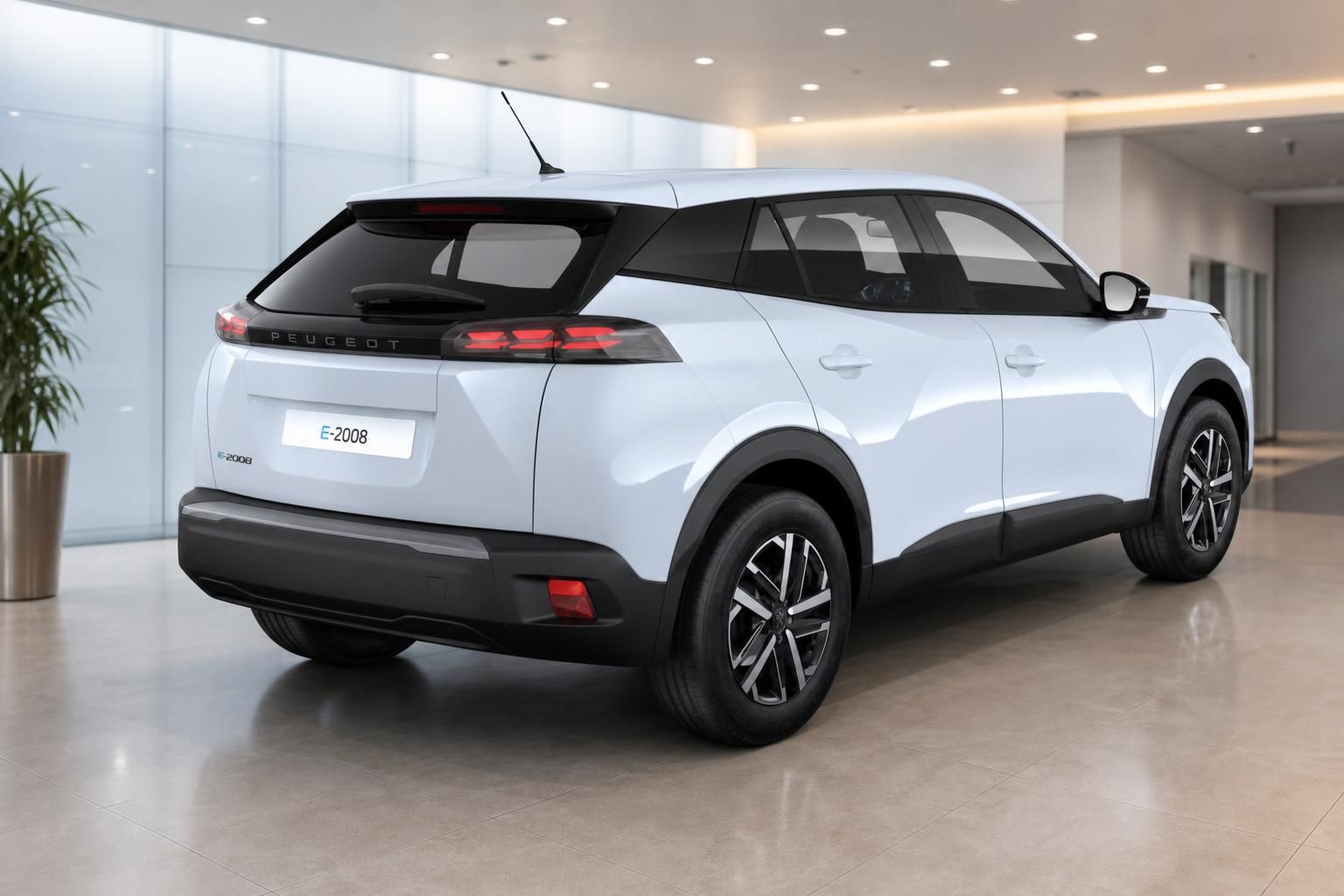 Peugeot E-2008 in Weiß Heckansicht im Autohaus