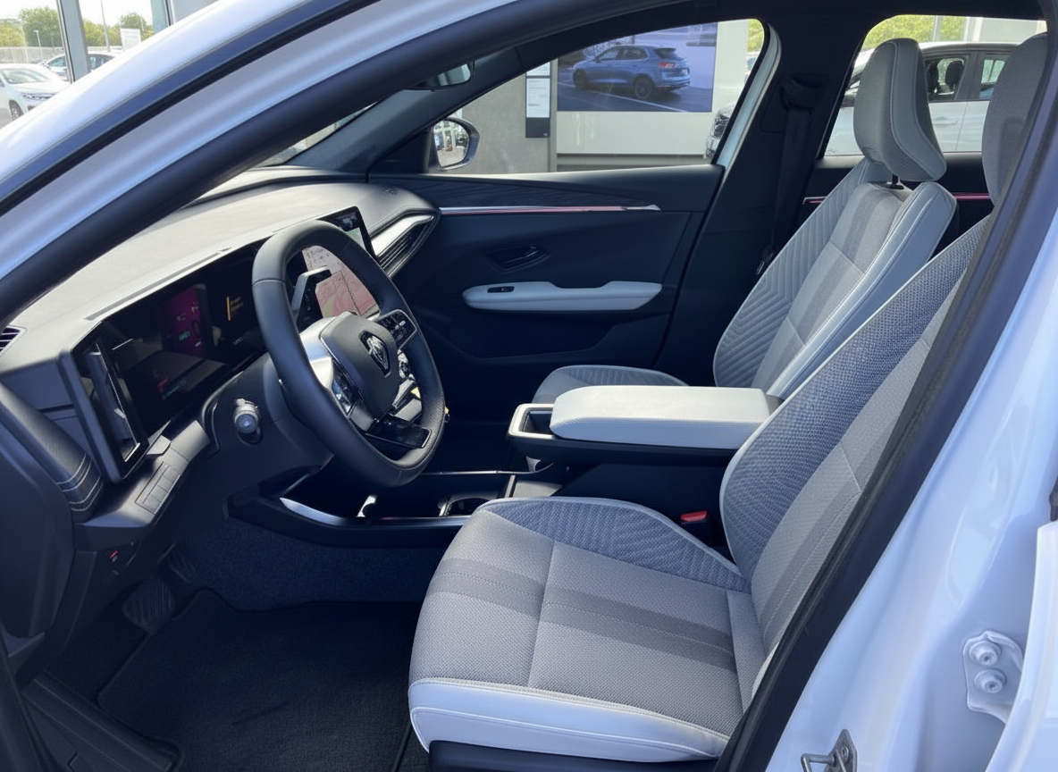 Modernes Fahrzeug Innenraum mit grauen Stoffsitzen und digitalem Cockpit