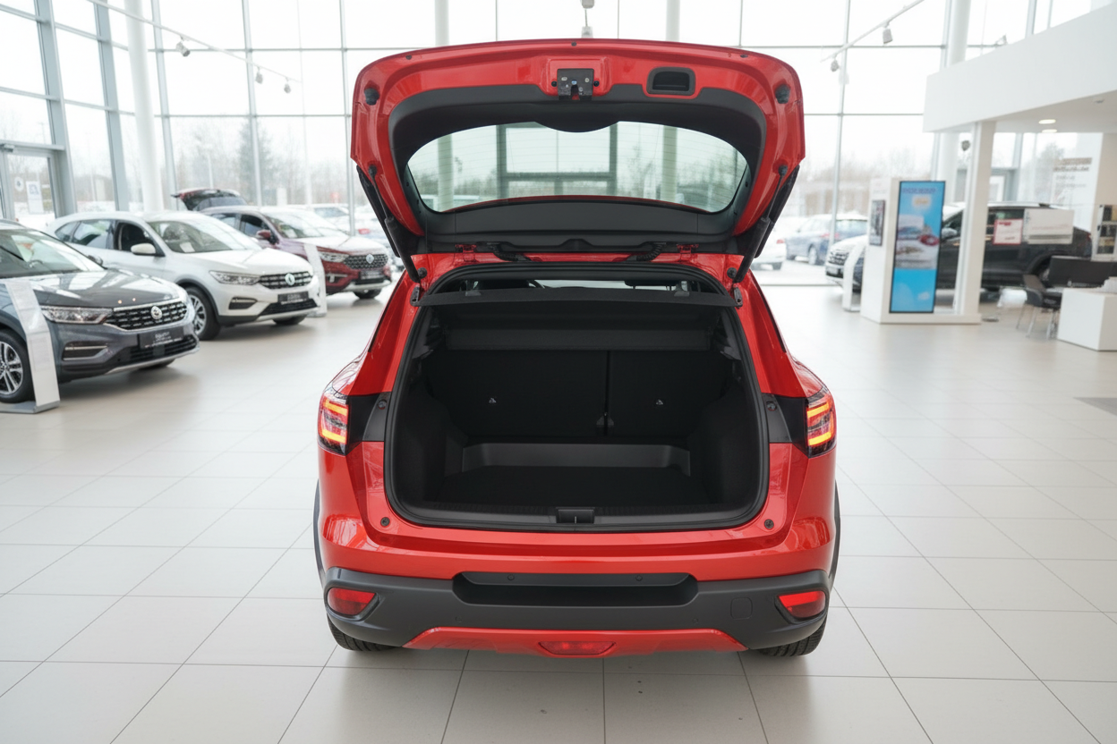 Roter SUV mit geöffneter Heckklappe und leerem Kofferraum im Autohaus